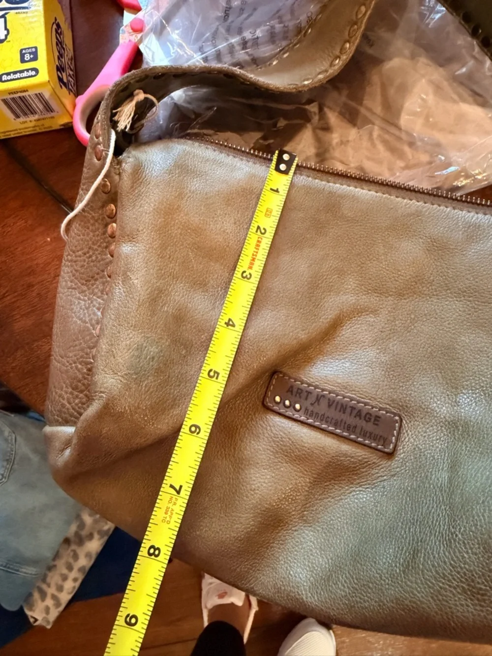 Stud-Trim Leather Hobo Shoulder Bag in Taupe - Picture 7 of 9